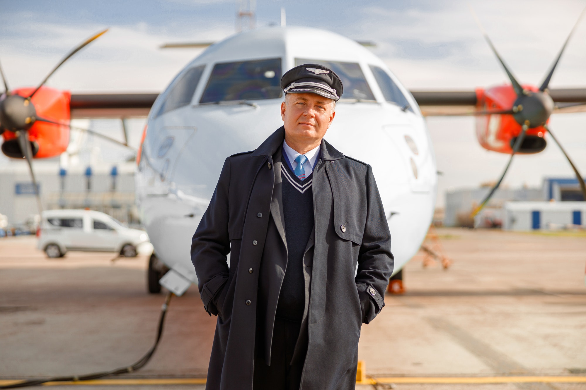 Airline captain in aviation uniform standing outdoors at airport