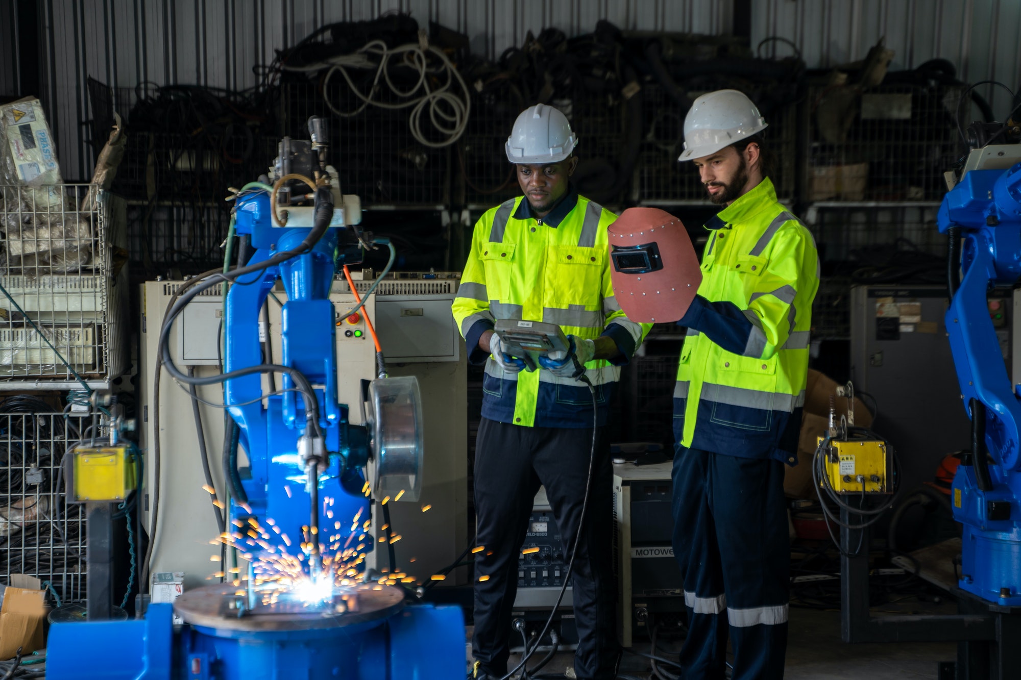 Robot engineer working with robotic arms working on assembly line of appliance manufacturing factory